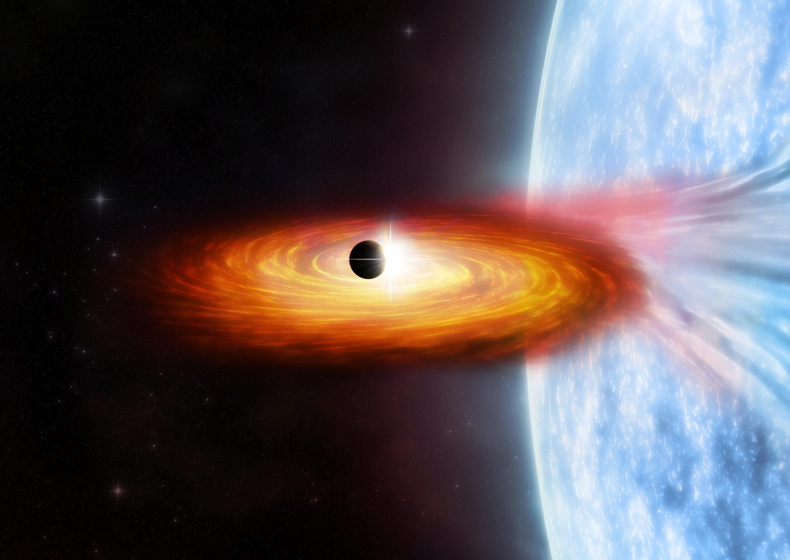 Los astrónomos han encontrado evidencia de un posible planeta candidato en la galaxia M51 ("Remolino"), que representa lo que podría ser el primer planeta detectado fuera de la Vía Láctea. Chandra detectó la atenuación temporal de los rayos X de un sistema donde una estrella masiva está en órbita alrededor de una estrella de neutrones o un agujero negro (que se muestra en la ilustración del artista). Esta atenuación se interpreta como un planeta que pasó frente a una fuente de rayos X alrededor de la estrella de neutrones o el agujero negro. Crédito: NASA / CXC / M. Weiss