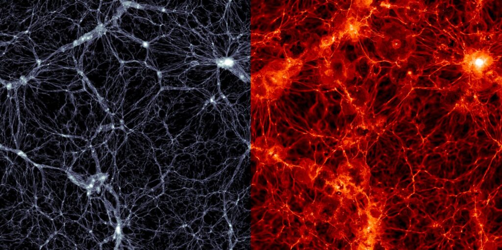 Simulación de Illustris, que muestra la distribución de la materia oscura en 350 millones por 300.000 años luz. Las galaxias se muestran como puntos blancos de alta densidad (izquierda) y materia bariónica normal (derecha). Crédito: Markus Haider/Illustris