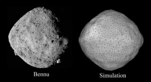 Se han observado dos asteroides con forma de diamante y pilas de escombros cerca de la Tierra, y fueron fotografiados por naves espaciales no tripuladas en 2018 y 2019. Científicos de la OIST y la Universidad de Rutgers han utilizado un modelo simple normalmente reservado para el flujo de granos para explicar su forma inusual. En esta imagen, a la izquierda se muestra una fotografía de uno de los asteroides, Bennu. A la derecha, se muestra una simulación utilizando el modelo. Como puede verse, la forma de la simulación coincide con la de Bennu. Crédito: OIST