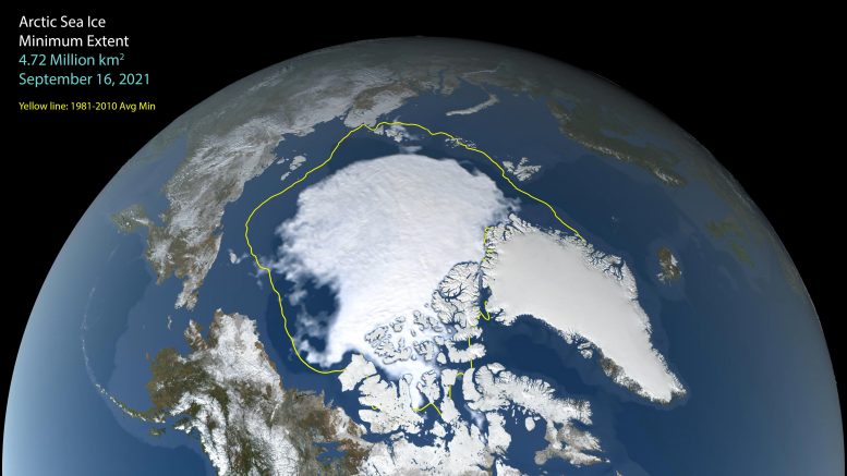 Una imagen fija que visualiza el hielo marino del Ártico el 16 de septiembre de 2021, cuando el hielo parecía alcanzar su extensión mínima anual. En esta fecha, la extensión del hielo era de 4,72 millones de kilómetros cuadrados (1,82 millones de millas cuadradas). Crédito: Estudio de visualización científica de la NASA 