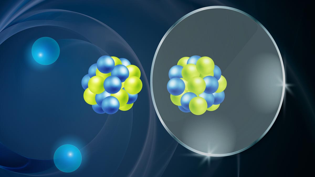 Los científicos pueden utilizar los radios de carga de un par de núcleos espejo como una forma de estudiar la naturaleza de las estrellas de neutrones. Este par se muestra en la ilustración del espejo. Crédito: Instalación para haces de isótopos raros