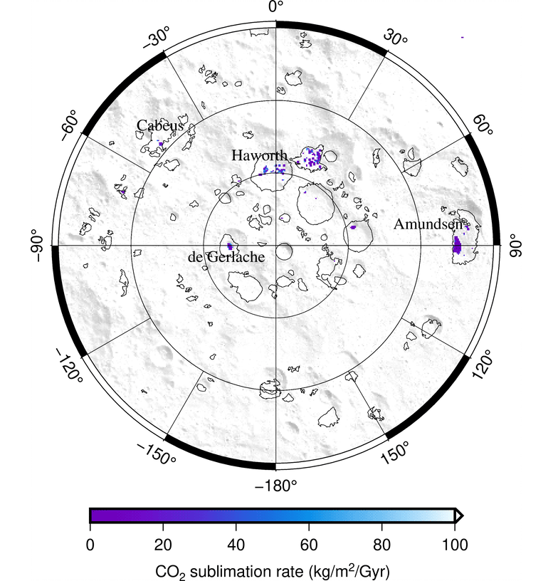 Un mapa de trampas frías de dióxido de carbono en la luna, con probables trampas frías marcadas en tonos morados. En estas regiones, las temperaturas descienden incluso por debajo de las temperaturas más frías medidas en Plutón. Crédito: AGU / Cartas de investigación geofísica