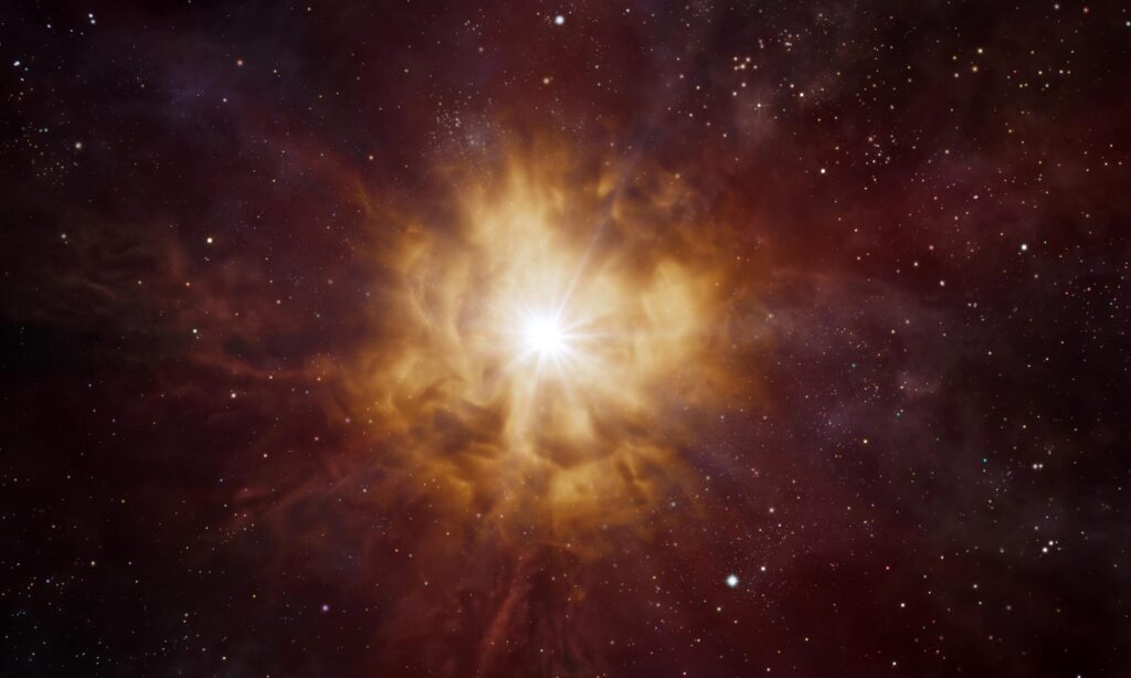 La impresión de este artista muestra el núcleo brillante de una estrella Wolf-Rayet rodeado por una nebulosa de material que ha sido expulsado por la propia estrella. Las estrellas Wolf-Rayet son calientes y masivas con una vida útil de unos pocos millones de años. Se cree que terminan en dramáticas explosiones de supernovas, expulsando los elementos forjados en sus núcleos al cosmos. Crédito: ESO / L. Calçada

