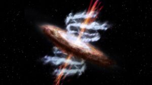 La concepción de un artista de un agujero negro supermasivo en el centro de una galaxia que arroja chorros (que se muestra en naranja), así como a través de salidas ultrarrápidas de gas ionizado (que se muestra en gris / azul). Los científicos han publicado una nueva observación directa de los rayos gamma de estos flujos ultrarrápidos de los agujeros negros. Crédito: Imagen cortesía de ESA / AOES Medialab