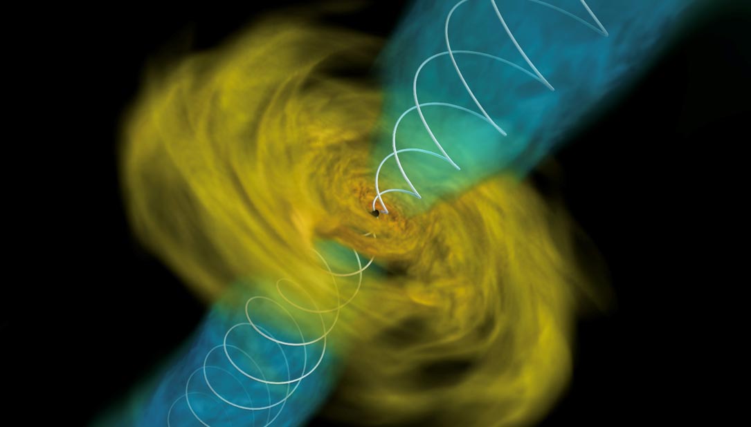 Esta simulación muestra la colisión de dos densas estrellas de neutrones. La colisión ha formado un agujero negro orbitado por un remolino de gas magnetizado. Parte de la materia emerge en chorros de energía y vientos que producirán elementos pesados ​​y destellos de luz. Crédito: Imagen cortesía de A. Tchekhovskoy, R. Fernandez, D. Kasen