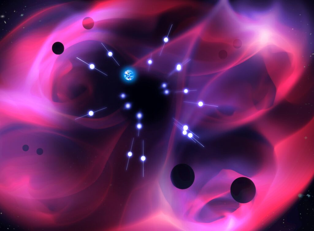 Una serie de púlsares alrededor de la Tierra incrustados en un fondo de ondas gravitacionales de binarios de agujeros negros supermasivos. Las señales de los púlsares medidas con una red de radiotelescopios globales se ven afectadas por las ondas gravitacionales y permiten estudiar el origen del fondo. Crédito: C. Knox