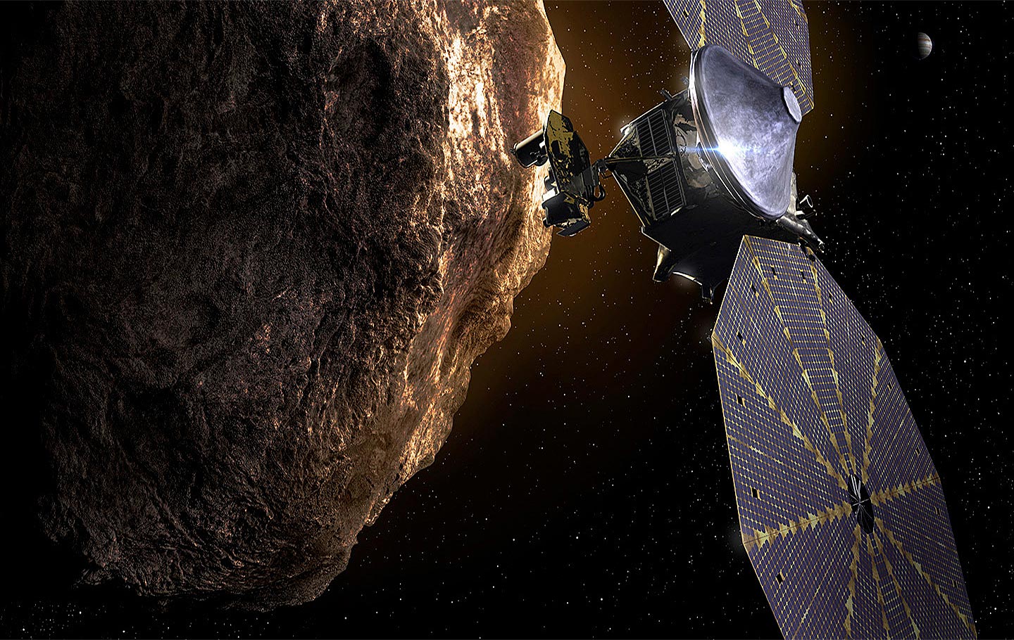 Ilustración de la nave espacial Lucy cerca de un gran asteroide con Júpiter visible en el fondo distante. Crédito: Southwest Research Institute