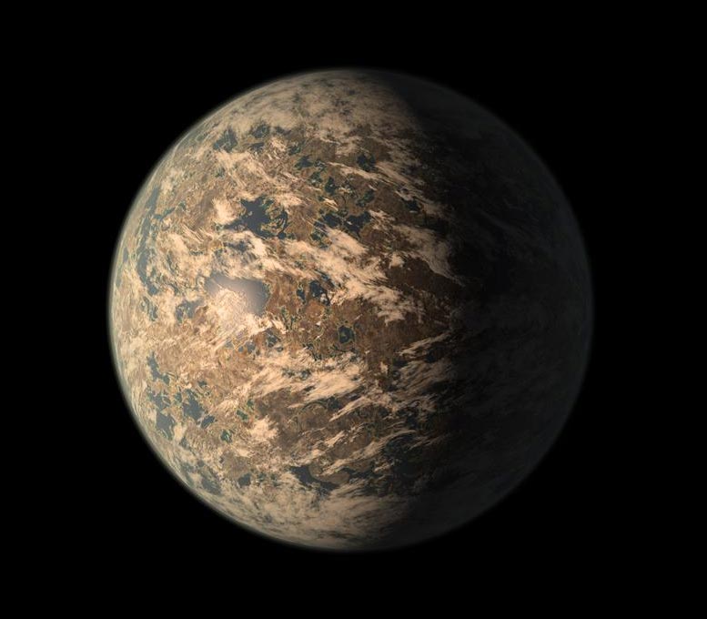 La interpretación de un artista de TRAPPIST-1e, un planeta del tamaño de la Tierra potencialmente habitable que gira alrededor de una enana roja a 40 años luz de distancia. Crédito: NASA/JPL-Caltech