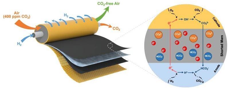 El módulo enrollado en espiral del equipo de investigación de UD toma hidrógeno y aire a través de dos entradas separadas (que se muestran a la izquierda) y emite dióxido de carbono y aire libre de dióxido de carbono (que se muestra a la derecha) después de pasar por dos membranas La imagen insertada a la derecha muestra, en parte, cómo se mueven las moléculas dentro de la membrana en cortocircuito. Crédito: Universidad de Delaware