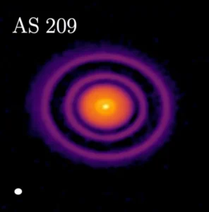 AS 209 es una estrella joven en la constelación de Ofiuco que los científicos ahora han determinado que alberga lo que podría ser uno de los exoplanetas más jóvenes de la historia. Crédito: ALMA (ESO/NAOJ/NRAO), A. Sierra (U. Chile)