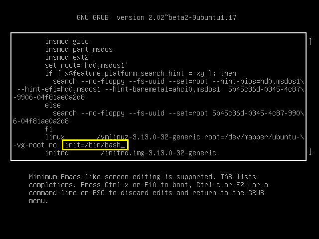 Modificar comando de arranque del Grub2 para restear password de root
